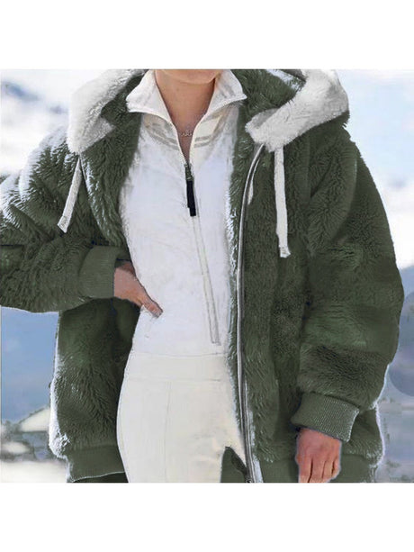 Loose Solid Color Plush Zipper Hood With Pockets Solid Color Jackets