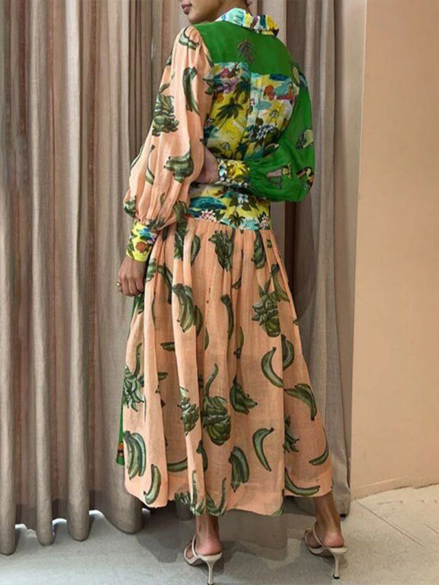 Botanical Floral Prints Balloon Sleeve Lapel Waist Long Sleeve Maxi Dresses