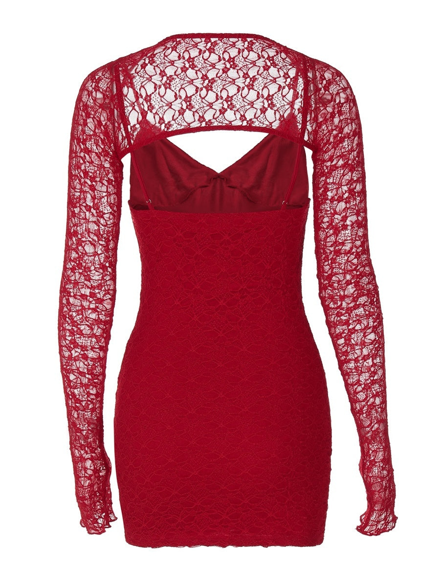 Lace Splicing Slim Fit V-neck Mini&Short Dresses