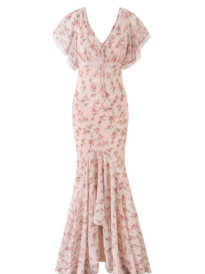 Romantic Floral Lace Patchwork Waist-cinching V-neck Fishtail Long Dress