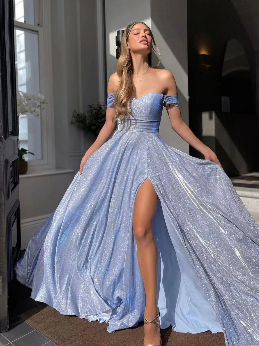 Ice Cream Color Sequined Large Skirt Tube Top Sexy Fashionable Slit Long Dress