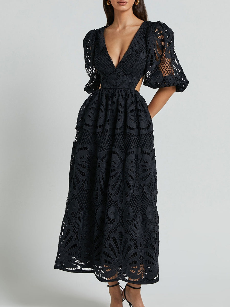 Robe midi sexy en dentelle brodée à col V