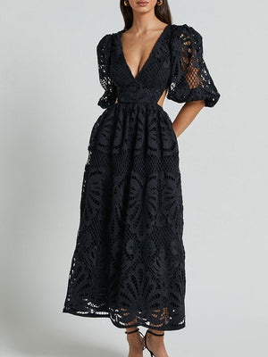 Robe midi sexy en dentelle brodée à col V