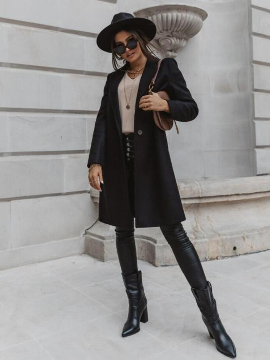 Solid Color Lapel Mid-length Button Wool Coat