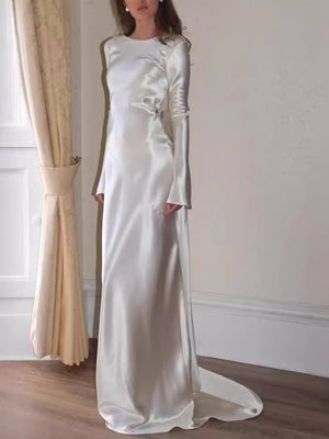 Liber Autumn Women's Backless Solid Color Long sleeve Satin Maxi Dresses