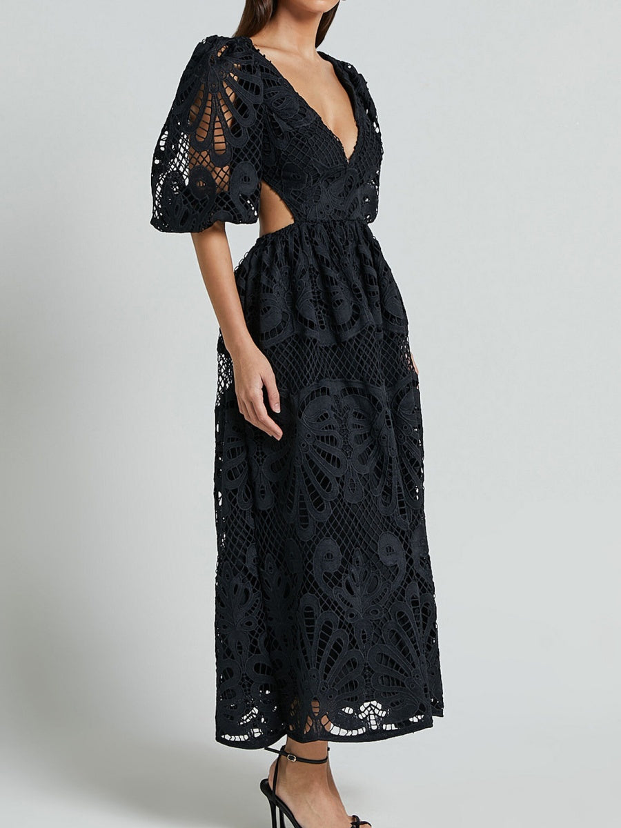 Robe midi sexy en dentelle brodée à col V