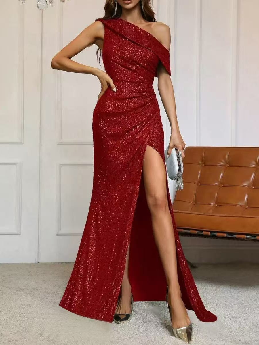 Sequined, Elegant, Asymmetrical Neckline, High Slit Long Dress