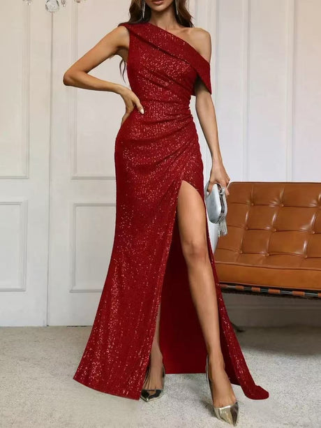Sequined, Elegant, Asymmetrical Neckline, High Slit Long Dress