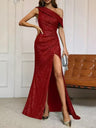 Sequined, Elegant, Asymmetrical Neckline, High Slit Long Dress