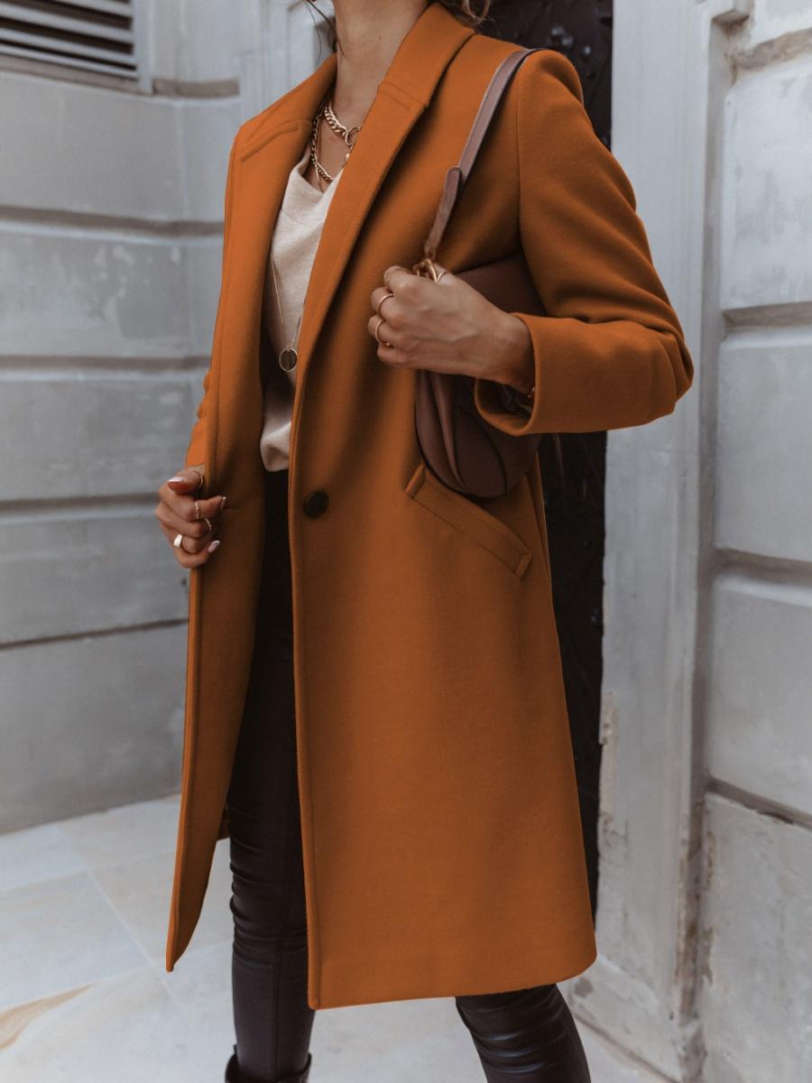 Solid Color Lapel Mid-length Button Wool Coat