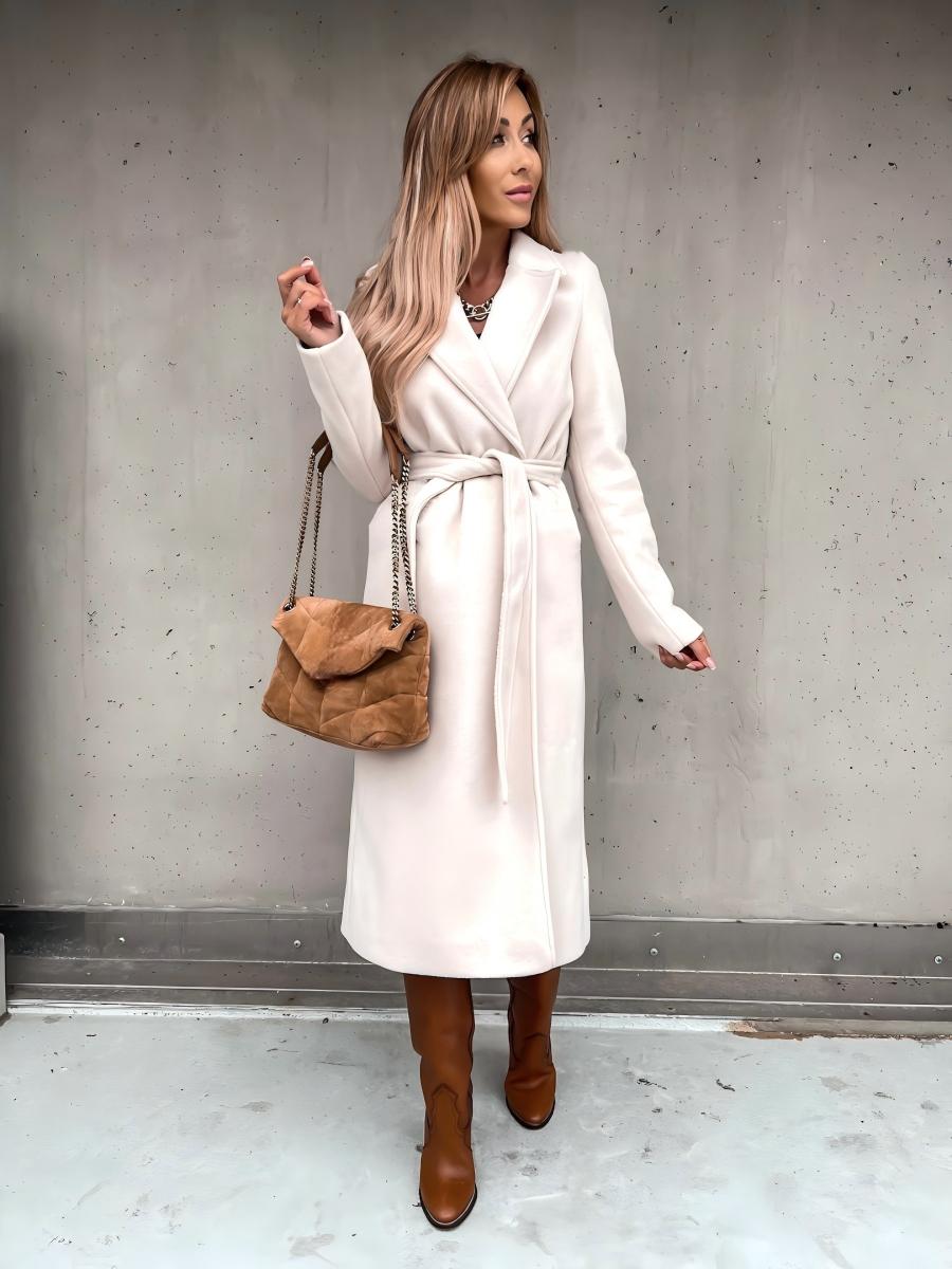 Solid Color Lapel Long Sleeve Woolen Simple Tie Coats