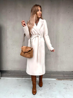 Solid Color Lapel Long Sleeve Woolen Simple Tie Coats