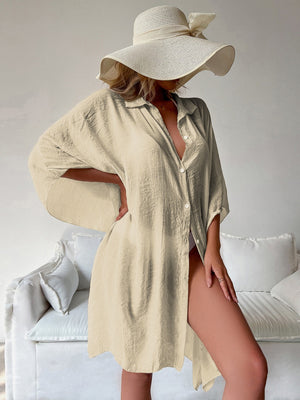 Bamboo Cotton Shirt Style Loose Beach Cardigan Vacation Sun Protection Clothing Bikini Cover-up Swimwear Outer Cardigan