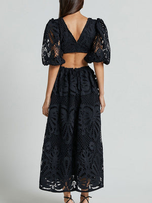 Robe midi sexy en dentelle brodée à col V