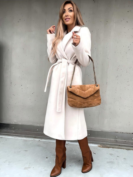 Solid Color Lapel Long Sleeve Woolen Simple Tie Coats