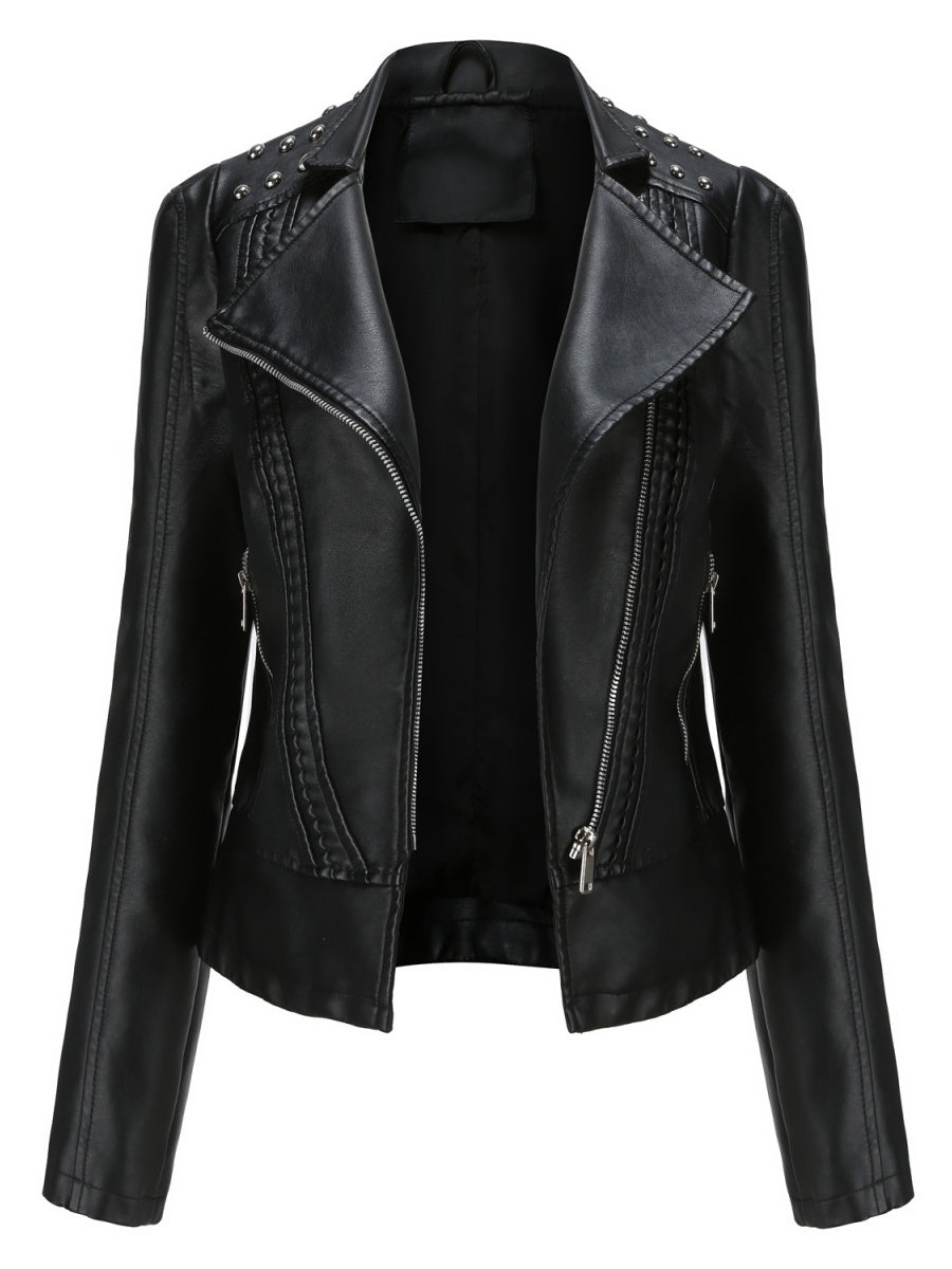 Cropped Zipper Pu Beading Jackets