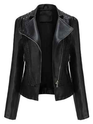 Cropped Zipper Pu Beading Jackets