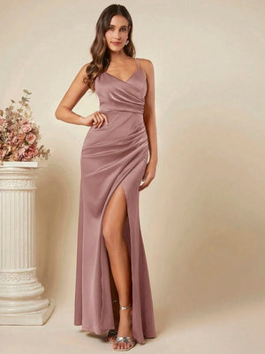Satin Suspenders Pleated Maxi Dresses
