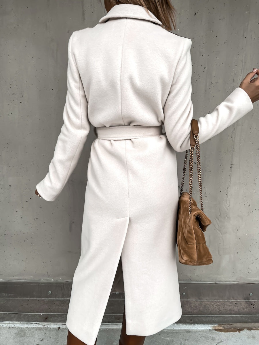 Solid Color Lapel Long Sleeve Woolen Simple Tie Coats