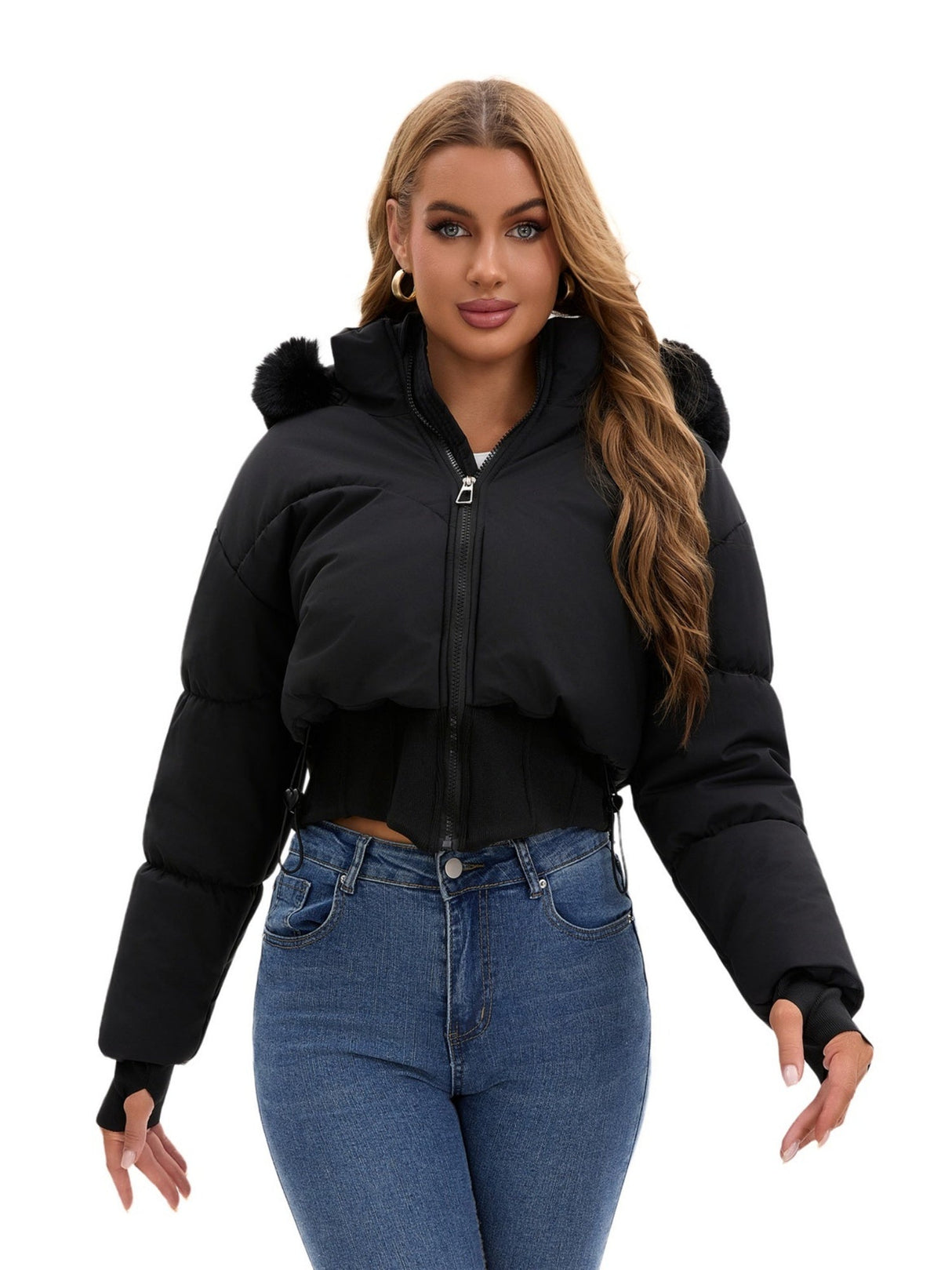 Large Fur Collar Hooded Pockets Short Waist Down Jacket