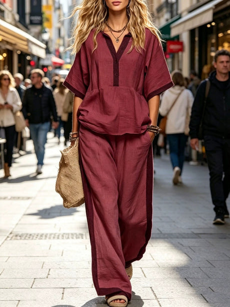 V-neck, Three-quarter Sleeve, Loose-fitting Solid Color Top With Elastic Waist And Loose Wide-leg Pants Two-piece Set
