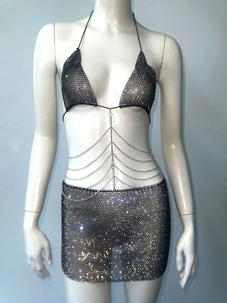 Sequins Chain Strap Halter Neck And Backless Mini&Short Dresses