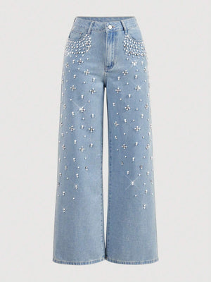 Women's Autumn/Winter Beaded High-Waisted Wide-Leg Jeans
