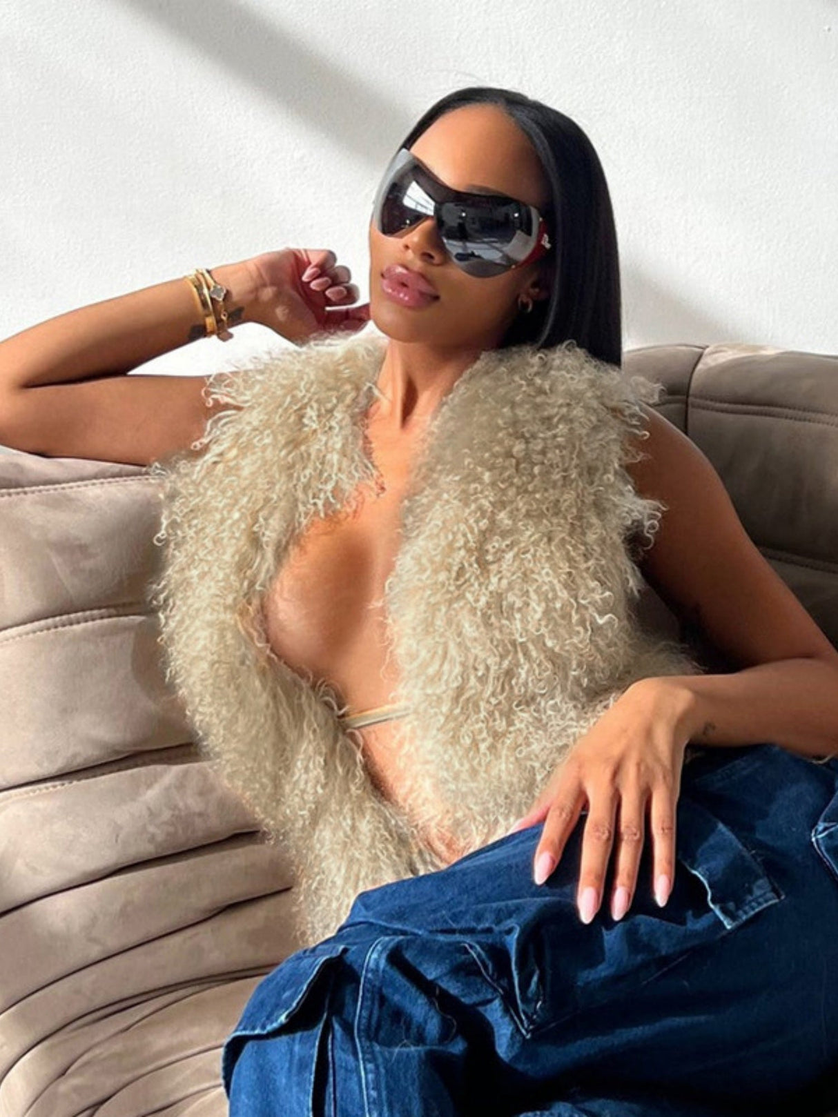 Backless Fur Collar Neckband Lace Up Vest Top Tank Tops&Camis