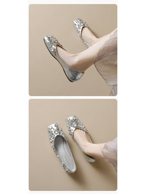Liber Spring and Autumn Diamond-studded Metallic Women's Flats