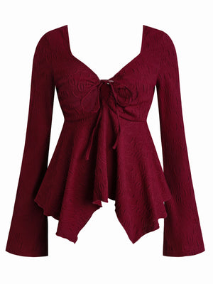 Bow Tie Long-sleeved T-shirt With Irregular Hem