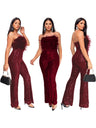 Sleeveless Backless Sequined Feather Flared Leg Jumpsuit