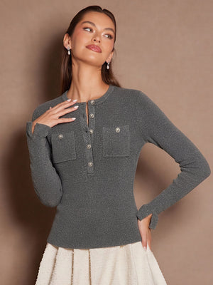Half-open Metal Button Pocket Ruffle Sleeve Pullover Sweater