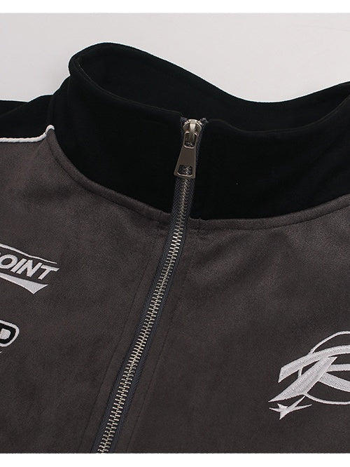 Embroidery Contrasting Colors Splicing Zipper Suede Jacket