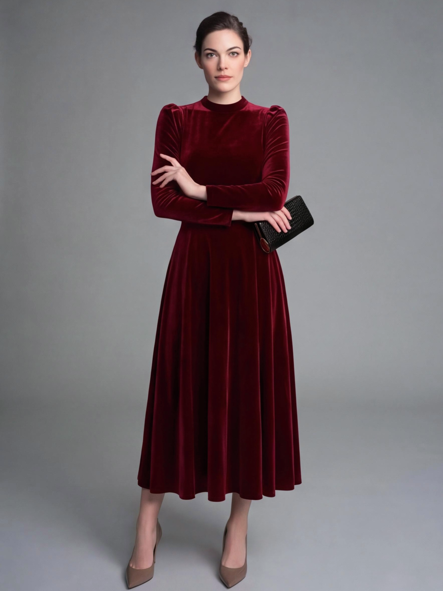 Long Sleeves Solid Color Velvet Maxi Dresses