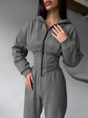 Liber Autumn women's clothing waist design Hooded Zippered solid color long-sleeved cardigan two-piece set