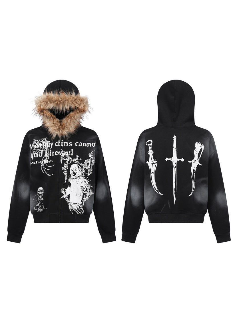 Halloween Hip Hop Fur Collar Hooded Loose Coat