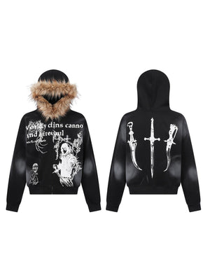 Halloween Hip Hop Fur Collar Hooded Loose Coat
