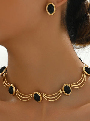 Vintage Gemstone Inlay Earrings Necklace Jewelry Sets