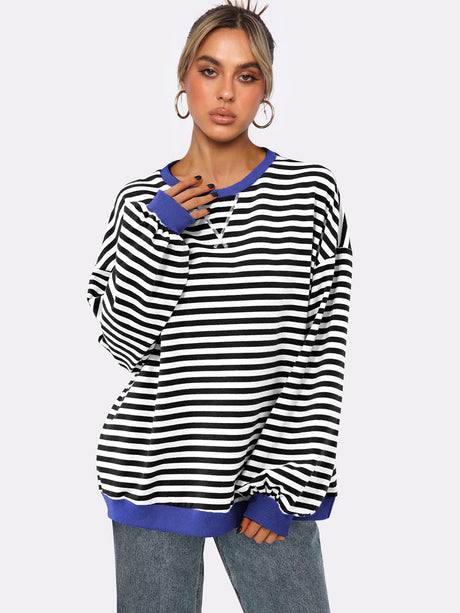 Women's Autumn/Winter Striped Color-Blocked Oversized Long-Sleeved Sweatshirt