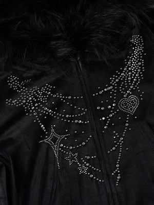 Printed Rhinestones Velvet Plush Patchwork Hoodies Zipper Cardigan