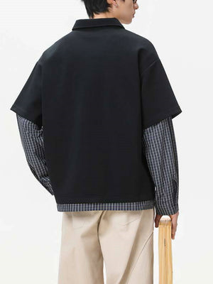 Layered-look Color-blocked Plaid Notch-Collar Zipper Sweatshirts&Hoodies