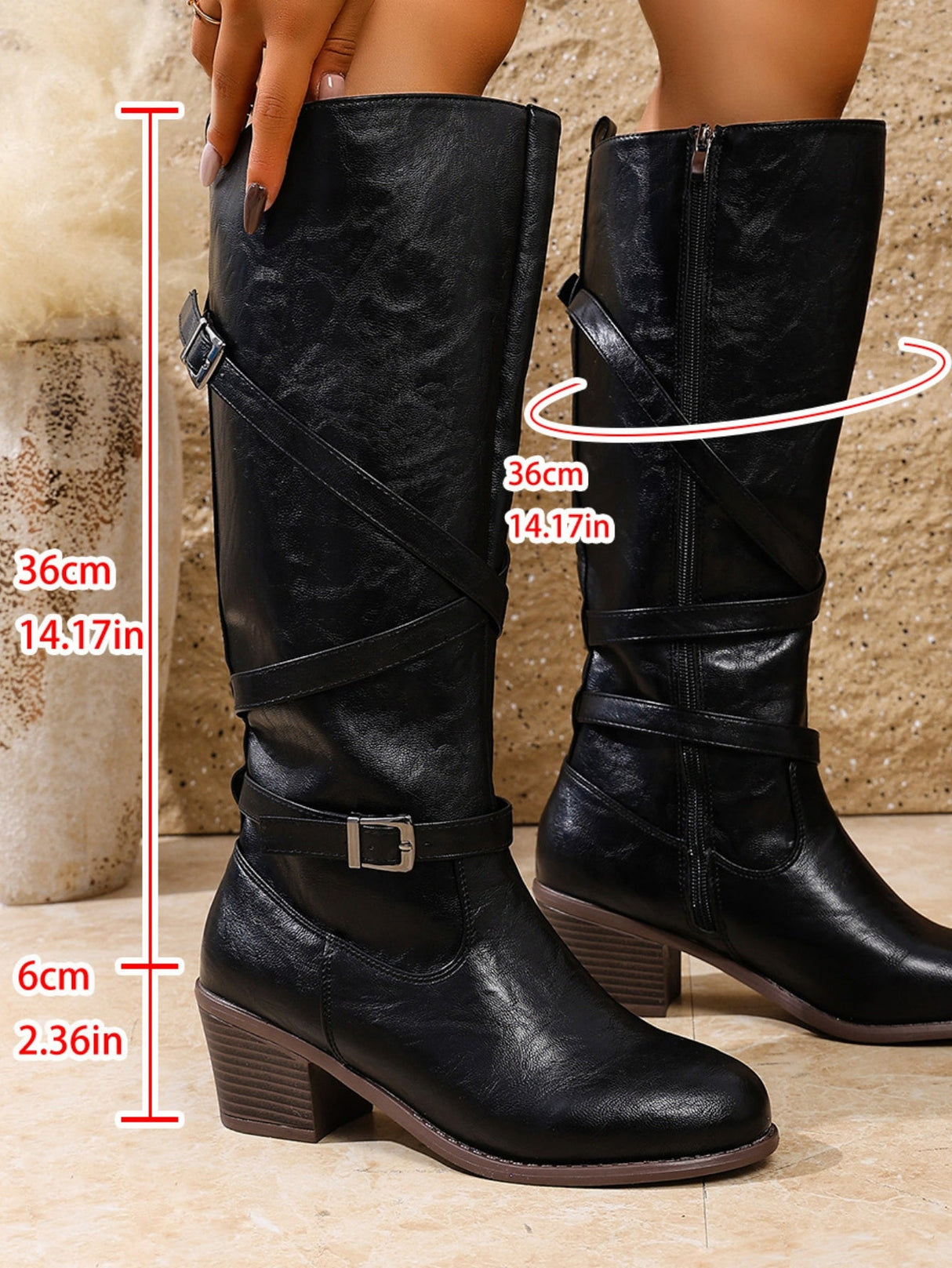 Retro Cross-belt Buckle Knee-high Mid-heel Riding Boots
