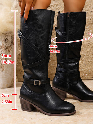 Retro Cross-belt Buckle Knee-high Mid-heel Riding Boots
