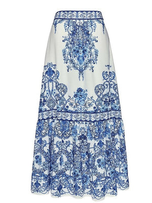 Blue And White Porcelain Print Bow Tie One-piece Swimsuit Sun Protection Long Dress Two-piece Set