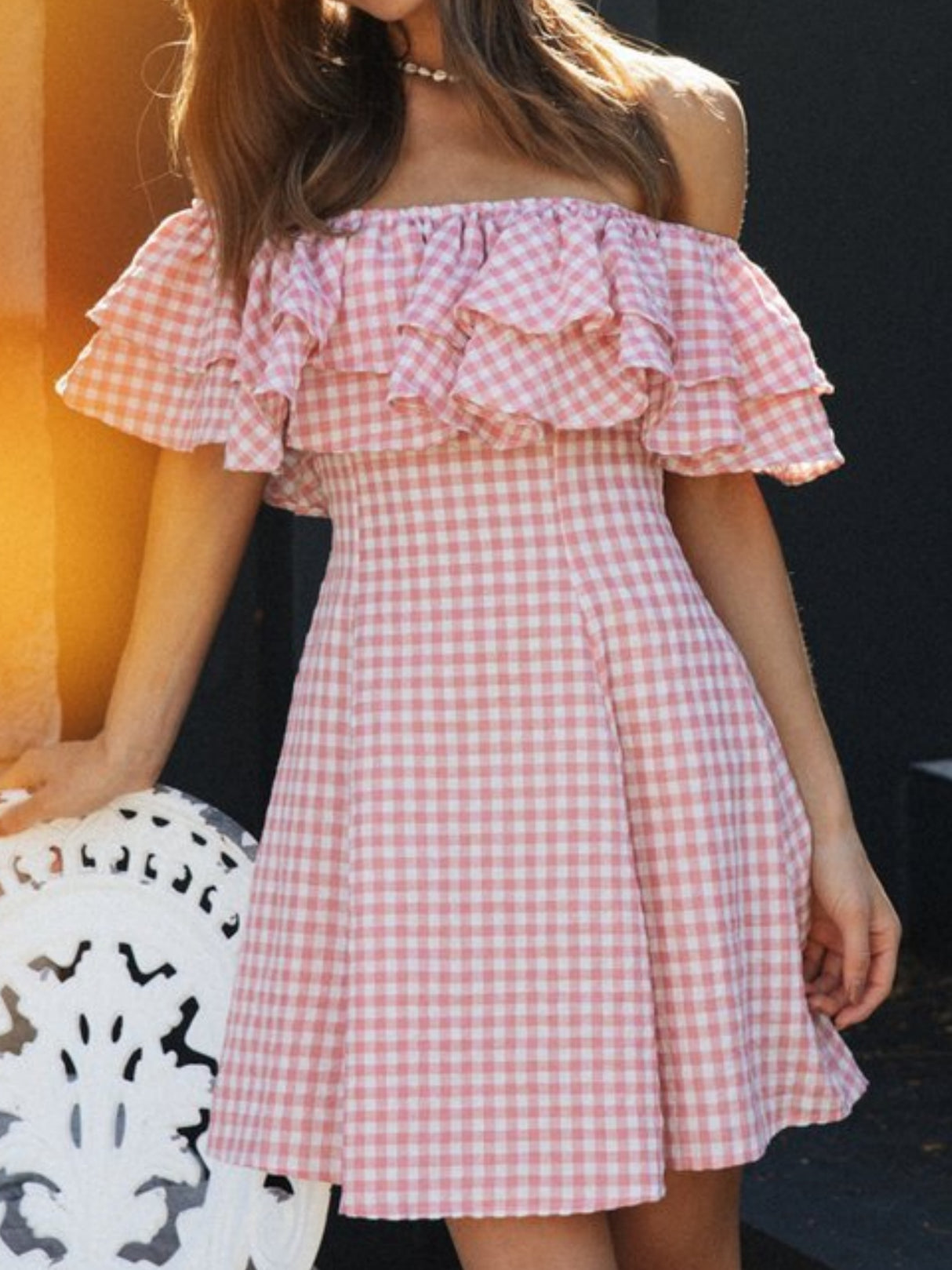 Plaid Off-the-shoulder Ruffled Collar Mini&Short Dresses
