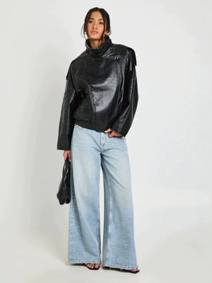 PU Leather Jacket With Long Sleeves For Autumn And Winter