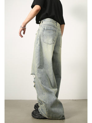 Hole Washed Distressed Loose-fit Wide-leg Jeans
