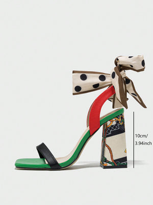 Colorful Polka Dot Bow Strap Square-toe High-heeled Sandals