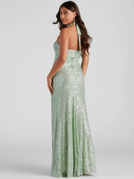 Halter-Neck High Side Split Sequins Maxi Dresses
