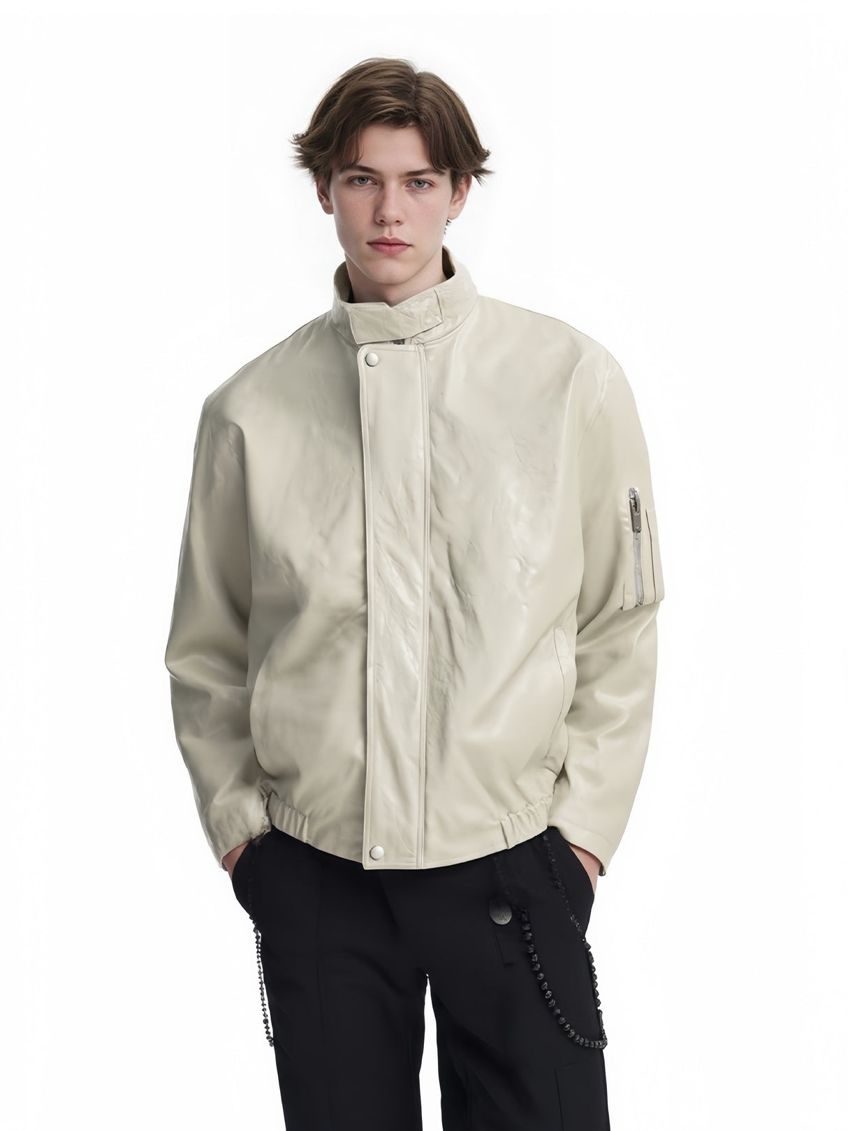 Retro Old Money Style Brown Cleanfit Silhouette Stand Collar Leather Jacket